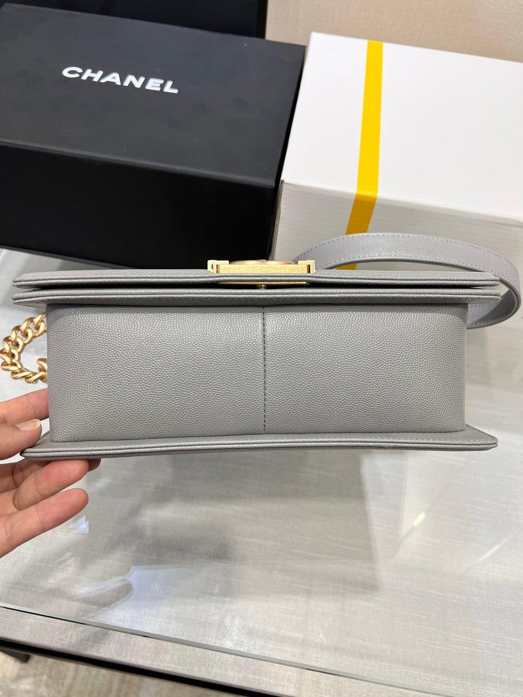 CHANEL BOY BAG MEDIUM 25 GREY CAVIAR GOLD HARDWARE